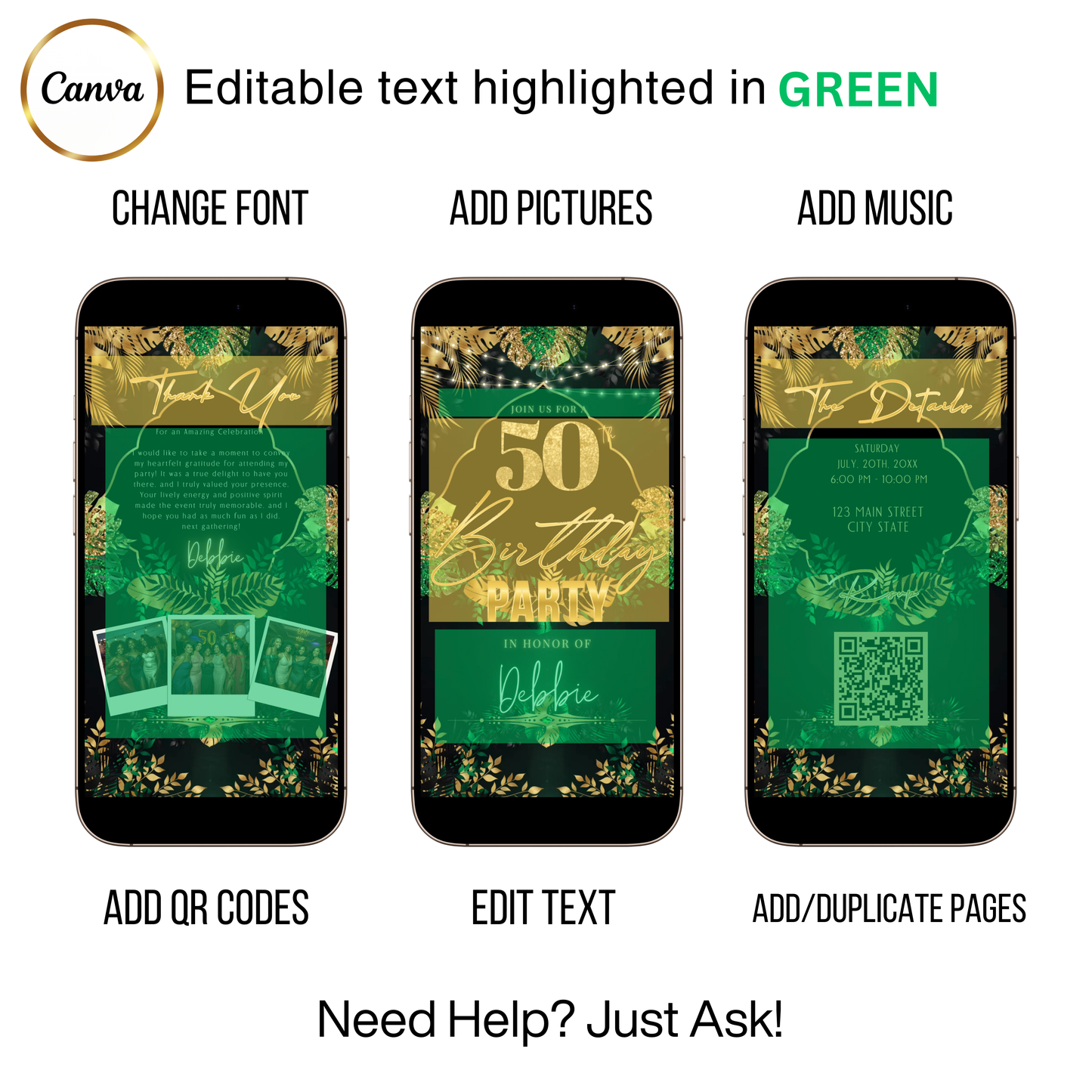 Editable tropical green gold 50th birthday video invitation displayed on a mobile phone, featuring an animated vertical digital invite with music, created in Canva. This premium video invitation template is designed for sharing by text, email, and social media and works with an interactive RSVP website for easy guest response tracking.