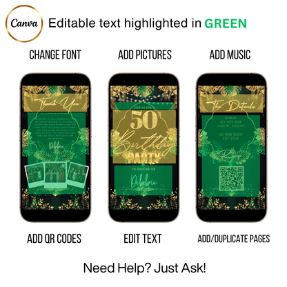 Editable tropical green gold 50th birthday video invitation displayed on a mobile phone, featuring an animated vertical digital invite with music, created in Canva. This premium video invitation template is designed for sharing by text, email, and social media and works with an interactive RSVP website for easy guest response tracking.