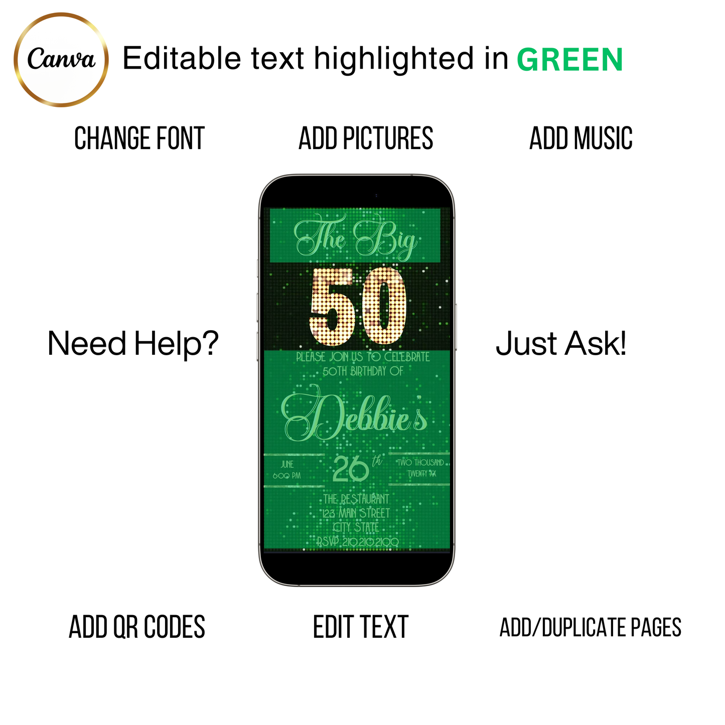 Editable green sequin 50th birthday video invitation displayed on a mobile phone, featuring an animated vertical digital invite with music, created in Canva. This premium video invitation template is designed for sharing by text, email, and social media and works with an interactive RSVP website for easy guest response tracking.