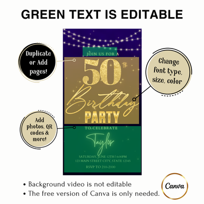 Editable purple gold glam 50th birthday video invitation displayed on a mobile phone, featuring an animated vertical digital invite with music, created in Canva. This premium video invitation template is designed for sharing by text, email, and social media and works with an interactive RSVP website for easy guest response tracking.