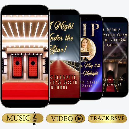 Editable hollywood red carpet 50th birthday birthday video invitation displayed on a mobile phone, featuring an animated vertical digital invite with music, created in Canva. This premium video invitation template is designed for sharing by text, email, and social media and works with an interactive RSVP website for easy guest response tracking.