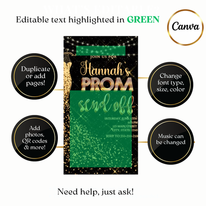 Prom send off video invite customizable black gold