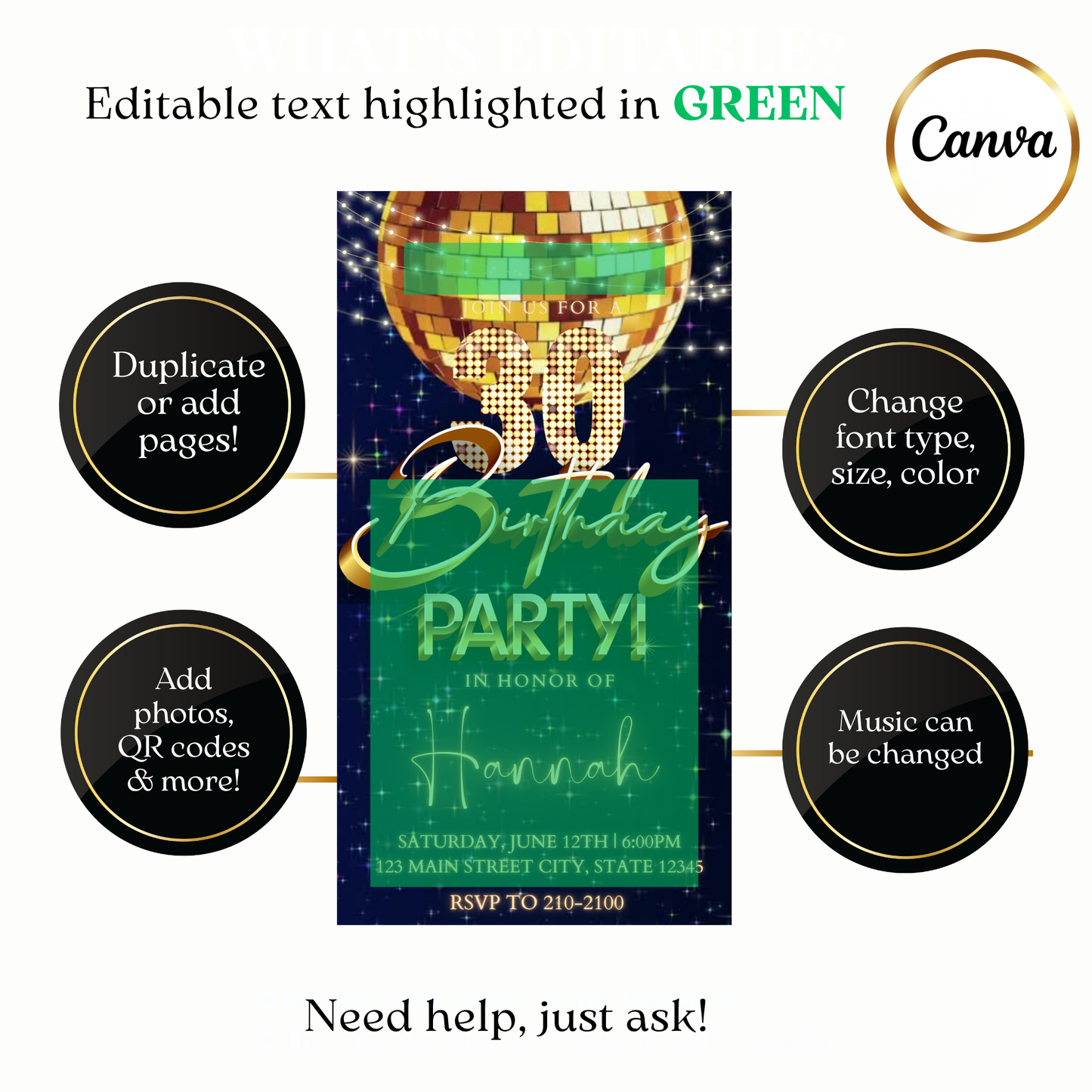 Gold Disco Ball Video Invitation Canva Editable