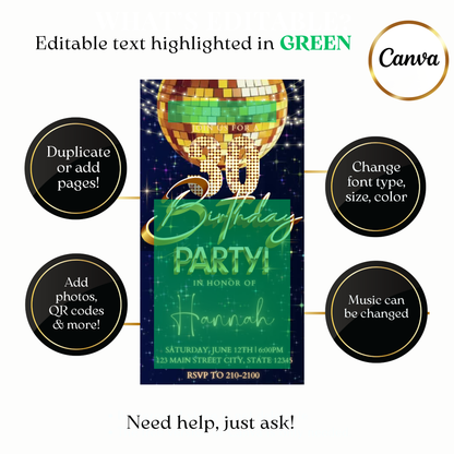 Gold Disco Ball Video Invitation Canva Editable