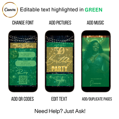 Editable navy blue gold starry 50th birthday video invitation displayed on a mobile phone, featuring an animated vertical digital invite with music, created in Canva. This premium video invitation template is designed for sharing by text, email, and social media and works with an interactive RSVP website for easy guest response tracking.