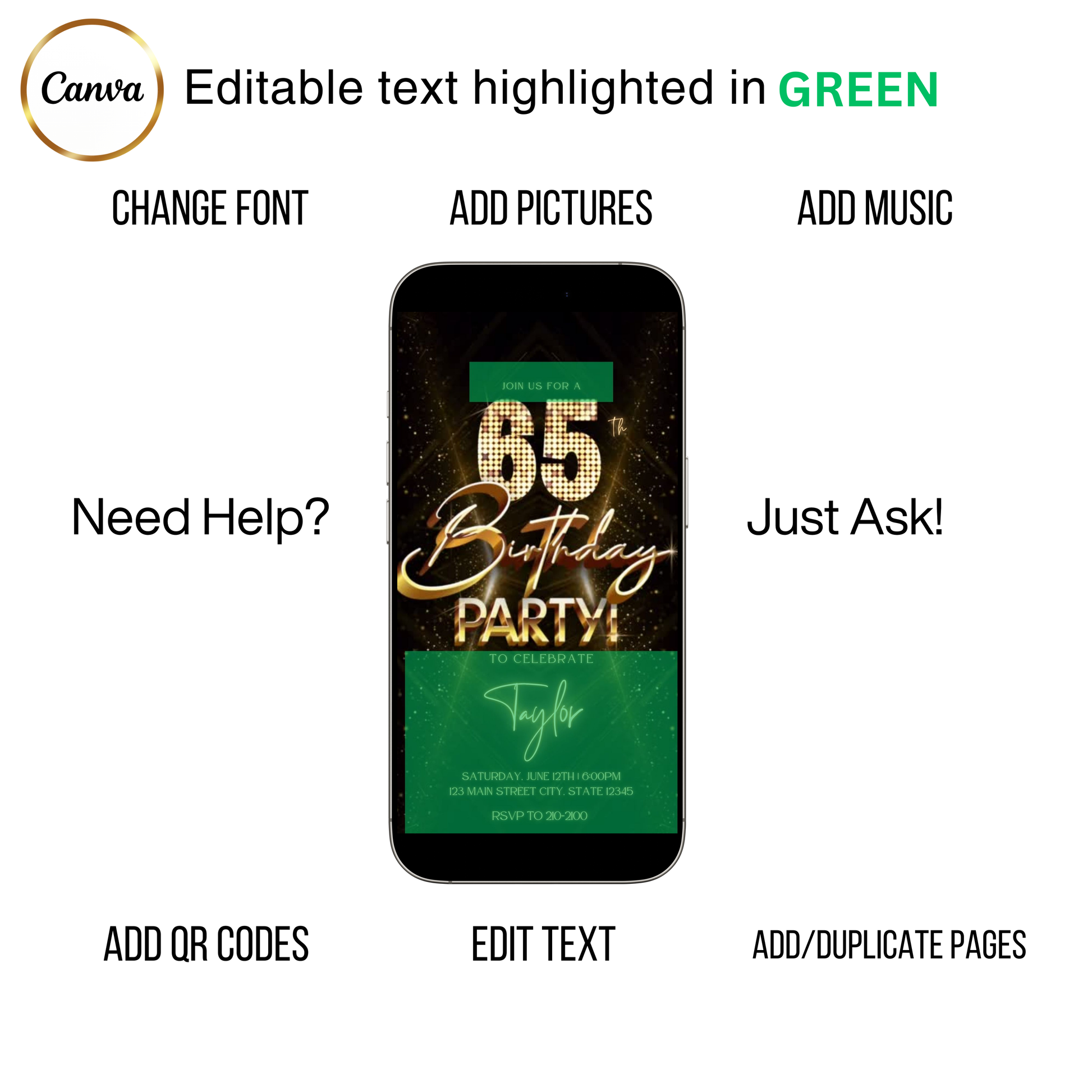 Editable gold glitter 65th birthday video invitation displayed on a mobile phone, featuring an animated vertical digital invite with music, created in Canva. This premium video invitation template is designed for sharing by text, email, and social media and works with an interactive RSVP website for easy guest response tracking.