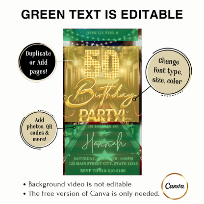 Editable hollywood red carpet 50th birthday video invitation displayed on a mobile phone, featuring an animated vertical digital invite with music, created in Canva. This premium video invitation template is designed for sharing by text, email, and social media and works with an interactive RSVP website for easy guest response tracking.