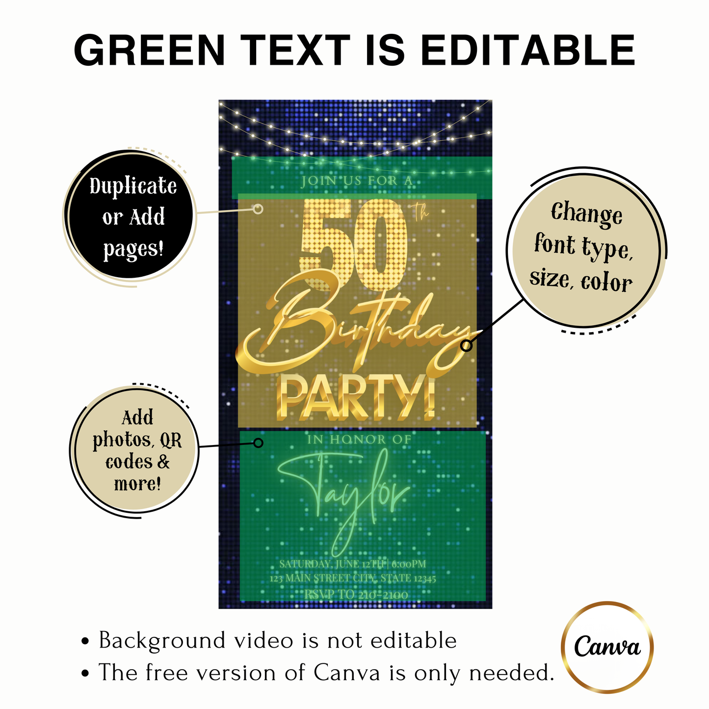 Editable blue gold sequin 50th birthday video invitation displayed on a mobile phone, featuring an animated vertical digital invite with music, created in Canva. This premium video invitation template is designed for sharing by text, email, and social media and works with an interactive RSVP website for easy guest response tracking.