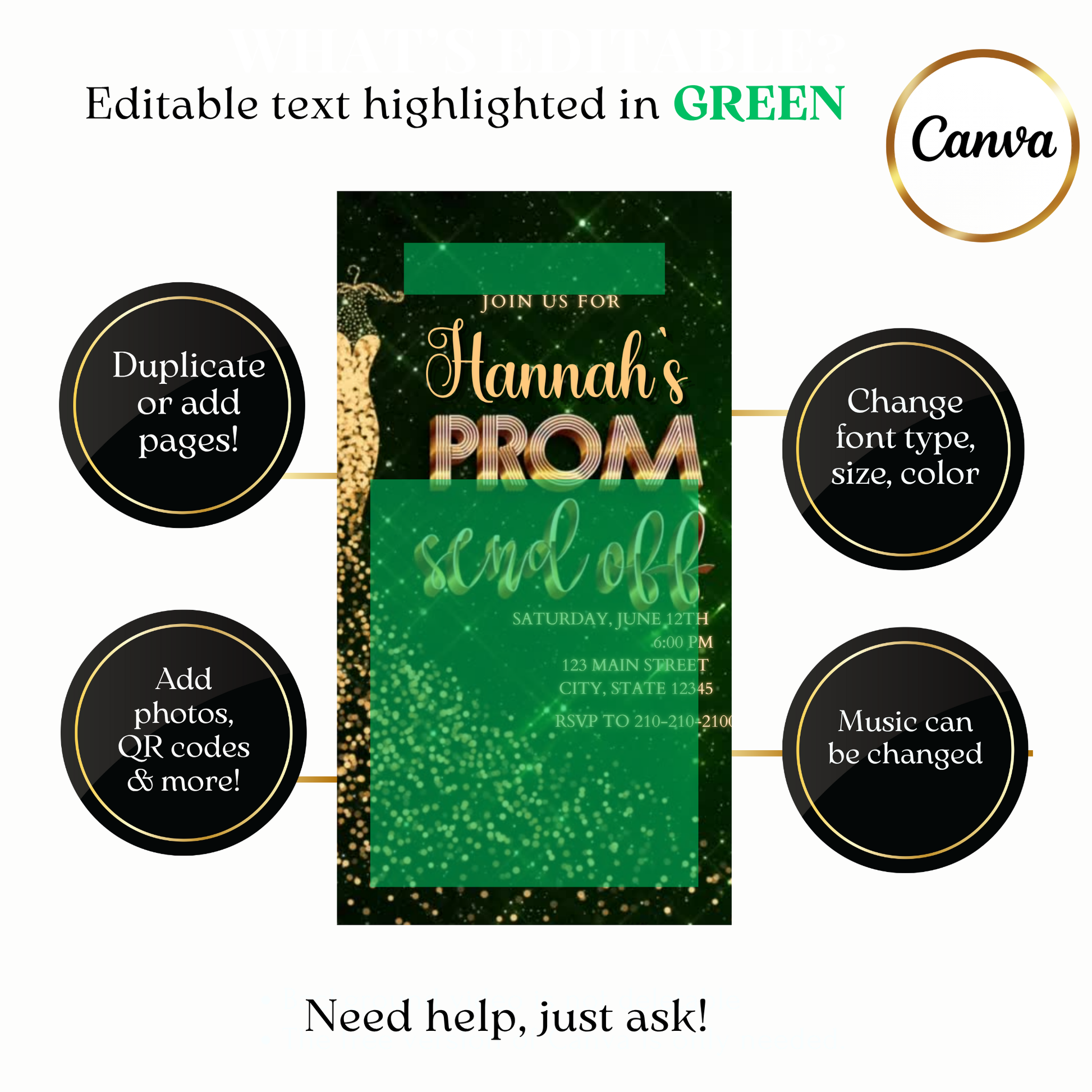 Custom gold sequin prom send off video invite design