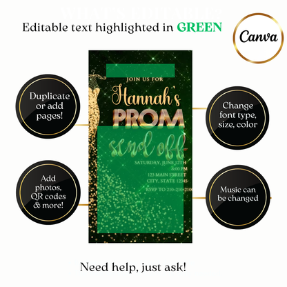 Custom gold sequin prom send off video invite design