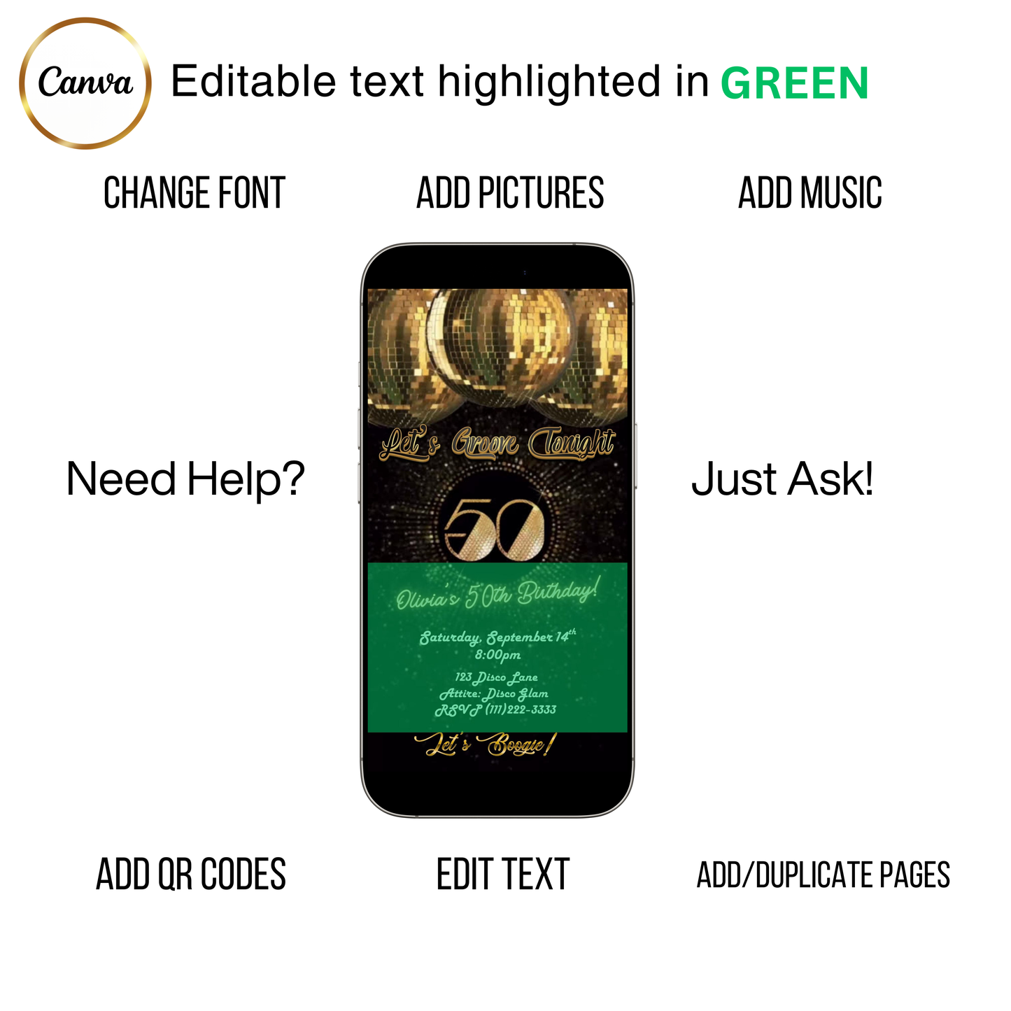 Editable gold disco 50th birthday video invitation displayed on a mobile phone, featuring an animated vertical digital invite with music, created in Canva. This premium video invitation template is designed for sharing by text, email, and social media and works with an interactive RSVP website for easy guest response tracking.