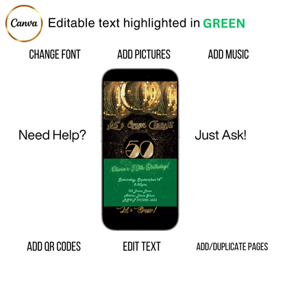 Editable gold disco 50th birthday video invitation displayed on a mobile phone, featuring an animated vertical digital invite with music, created in Canva. This premium video invitation template is designed for sharing by text, email, and social media and works with an interactive RSVP website for easy guest response tracking.