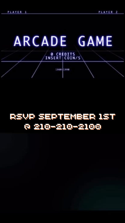 Editable arcade video game 6th birthday birthday video invitation displayed on a mobile phone, featuring an animated vertical digital invite with music, created in Canva. This premium video invitation template is designed for sharing by text, email, and social media and works with an interactive RSVP website for easy guest response tracking.