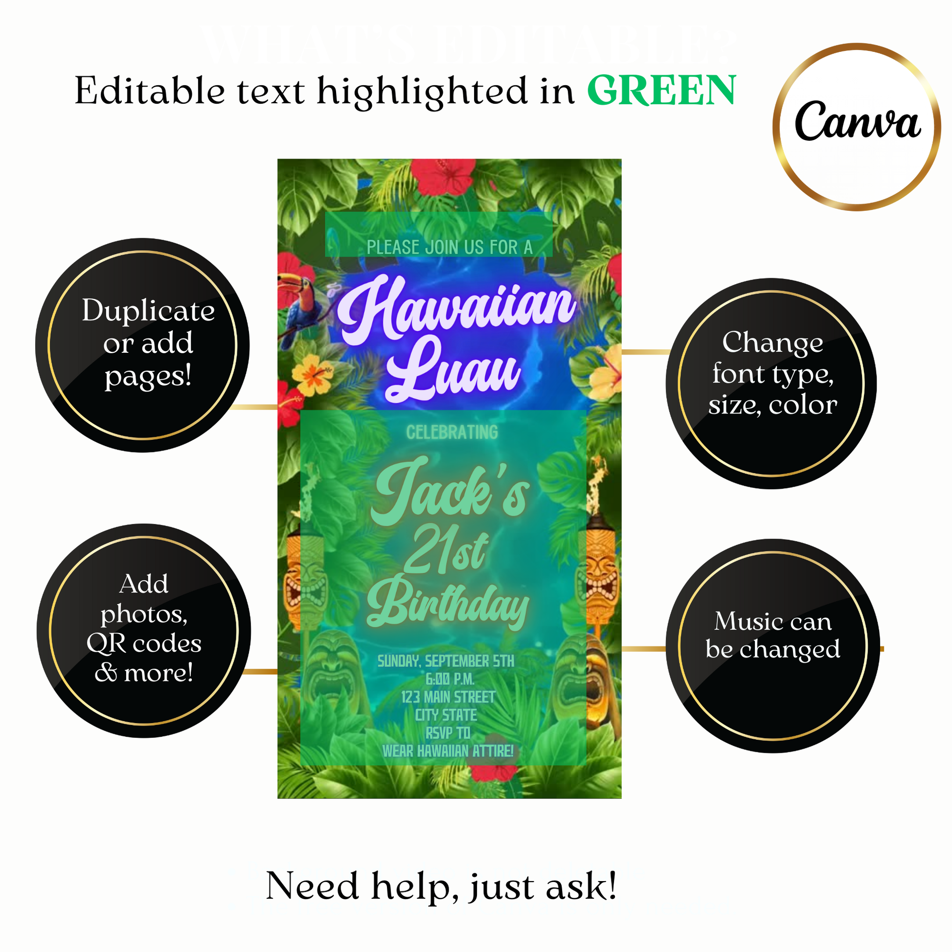 Animated Hawaiian Luau celebration video invitation with floral accents