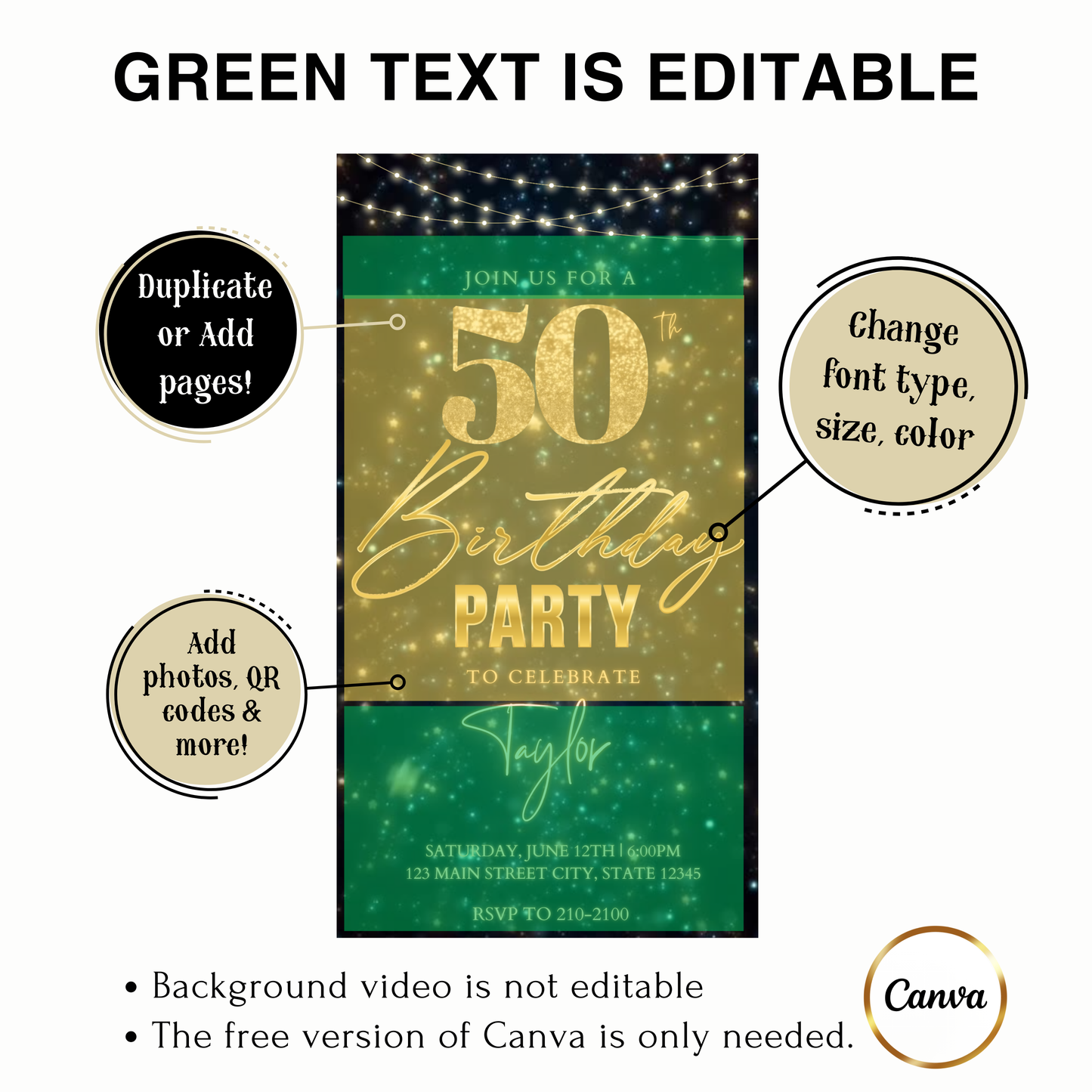 Editable starry gold 50th birthday video invitation displayed on a mobile phone, featuring an animated vertical digital invite with music, created in Canva. This premium video invitation template is designed for sharing by text, email, and social media and works with an interactive RSVP website for easy guest response tracking.