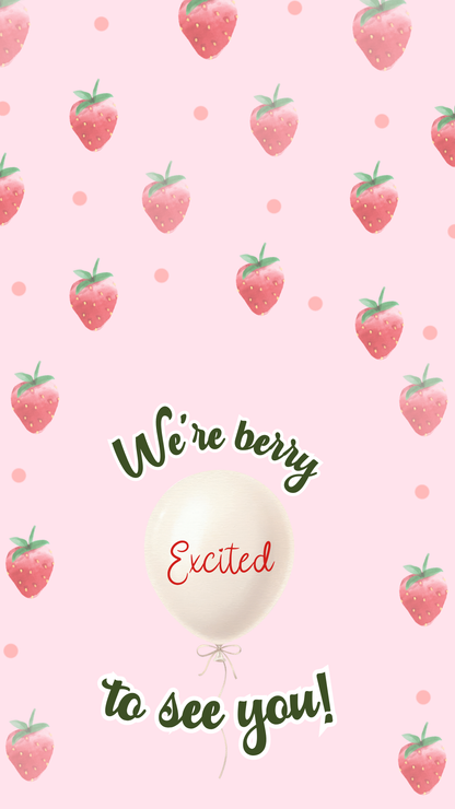 Flat lay with strawberries, confetti, and phone showing invite screen