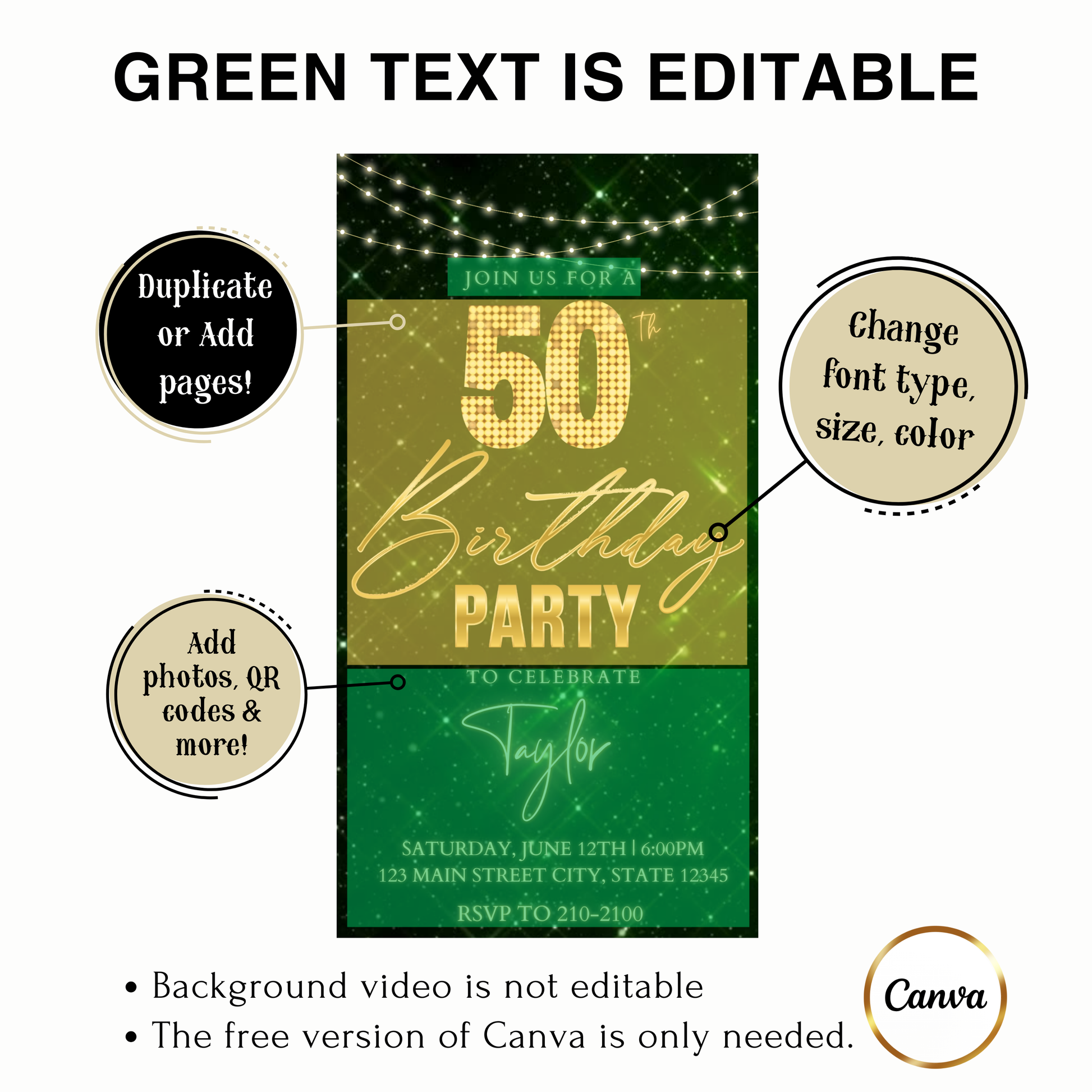 Editable burgundy gold luxury 50th birthday video invitation displayed on a mobile phone, featuring an animated vertical digital invite with music, created in Canva. This premium video invitation template is designed for sharing by text, email, and social media and works with an interactive RSVP website for easy guest response tracking.