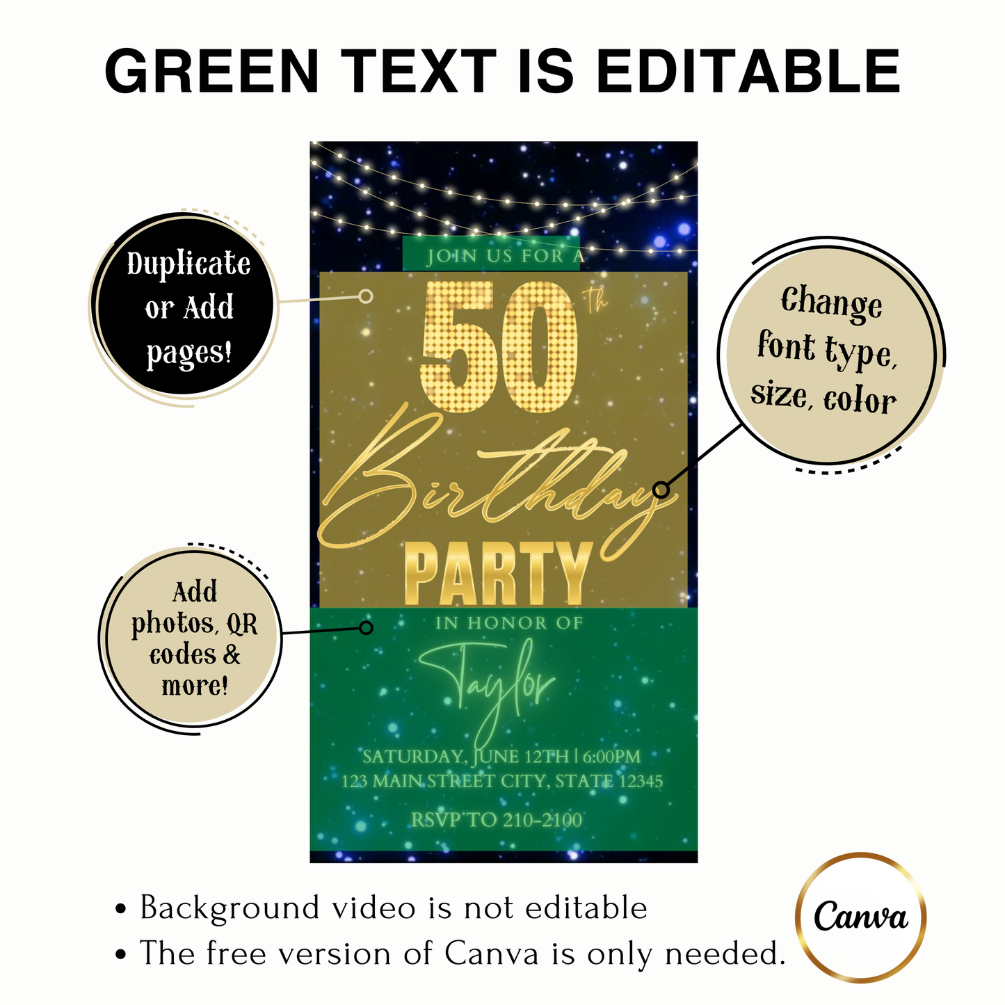 Editable gold black elegant 50th birthday video invitation displayed on a mobile phone, featuring an animated vertical digital invite with music, created in Canva. This premium video invitation template is designed for sharing by text, email, and social media and works with an interactive RSVP website for easy guest response tracking.