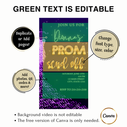 Editable purple gold glam prom send off video invitation displayed on a mobile phone, featuring an animated vertical digital invite with music, created in Canva. This premium video invitation template is designed for sharing by text, email, and social media and works with an interactive RSVP website for easy guest response tracking.