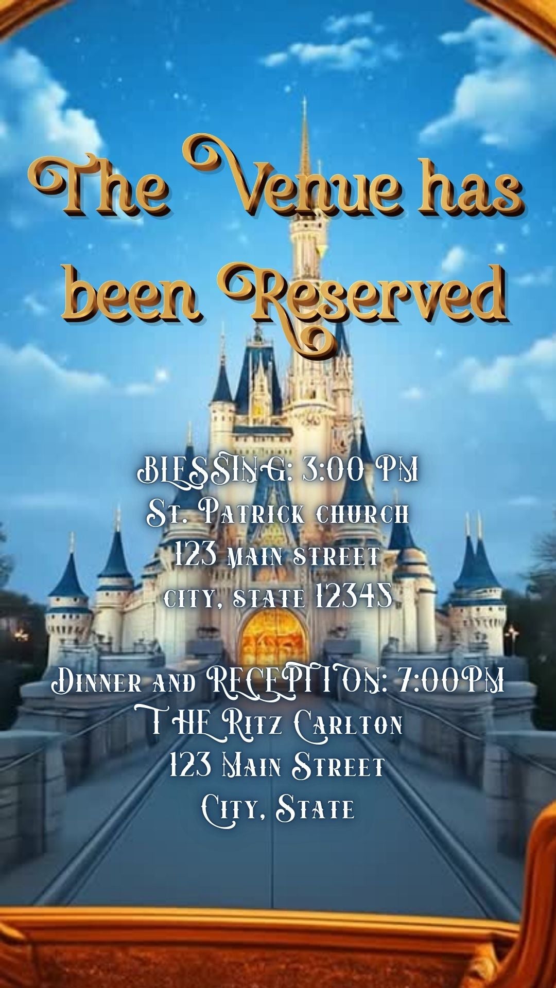 Editable cinderella fairytale quinceañera event video invitation displayed on a mobile phone, featuring an animated vertical digital invite with music, created in Canva. This premium video invitation template is designed for sharing by text, email, and social media and works with an interactive RSVP website for easy guest response tracking.