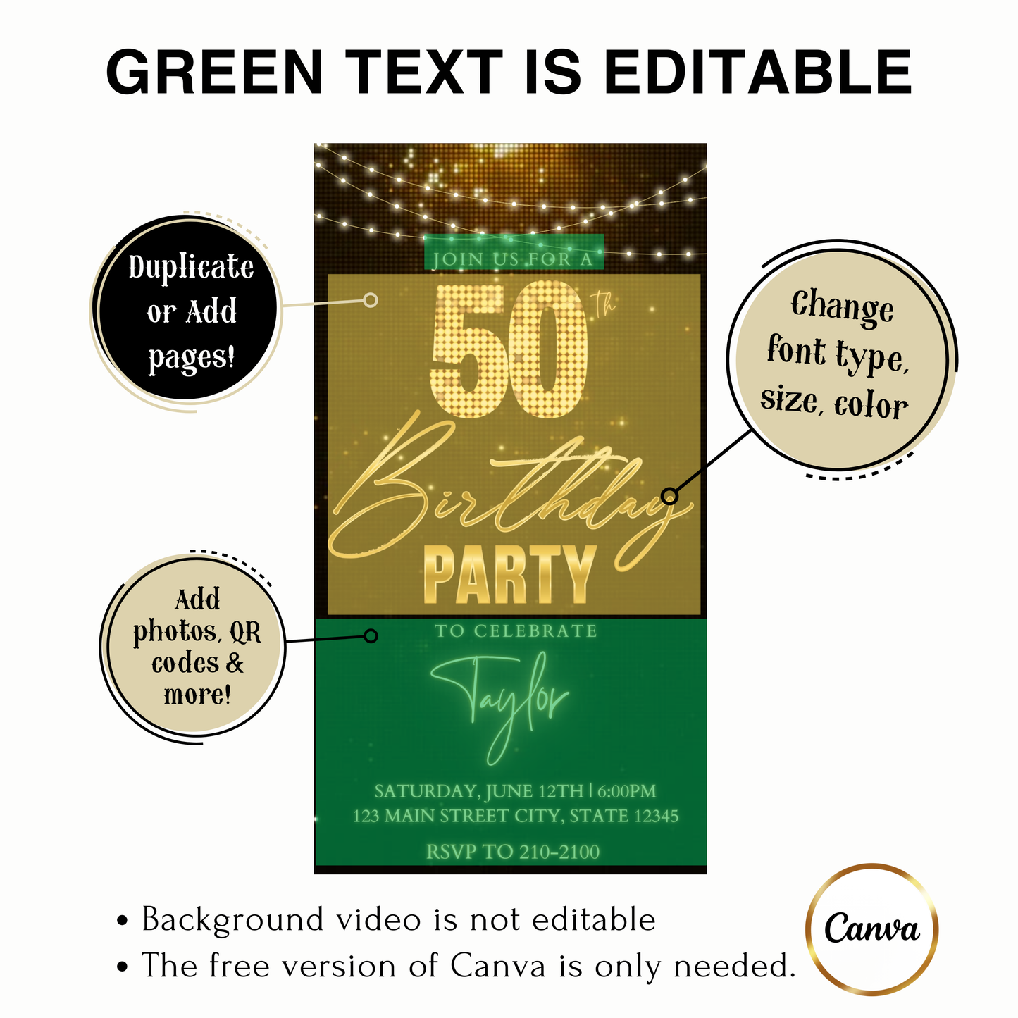 Editable black gold champagne 50th birthday video invitation displayed on a mobile phone, featuring an animated vertical digital invite with music, created in Canva. This premium video invitation template is designed for sharing by text, email, and social media and works with an interactive RSVP website for easy guest response tracking.