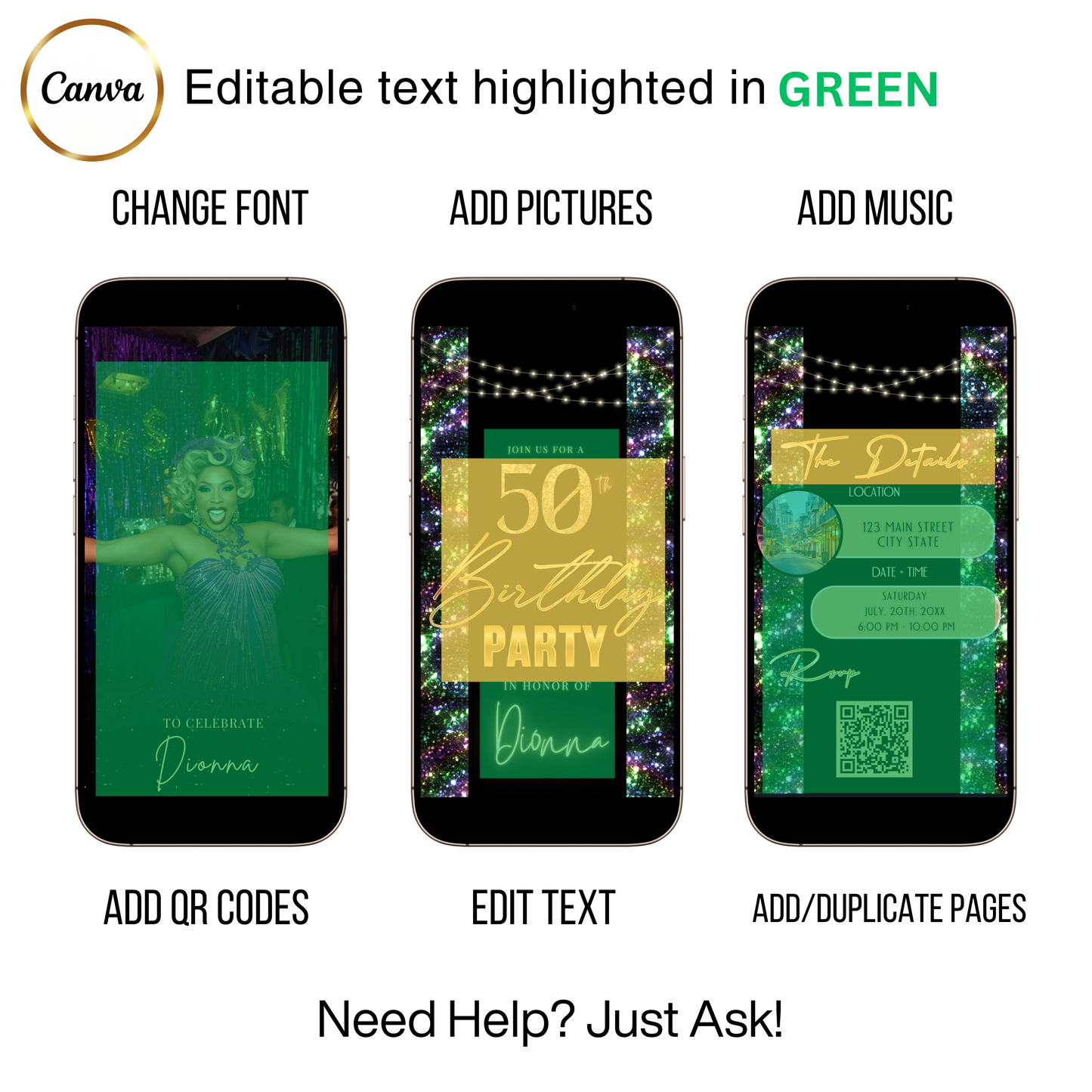 Editable nardo gras glitter 50th birthday video invitation displayed on a mobile phone, featuring an animated vertical digital invite with music, created in Canva. This premium video invitation template is designed for sharing by text, email, and social media and works with an interactive RSVP website for easy guest response tracking.