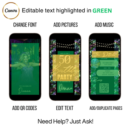 Editable nardo gras glitter 50th birthday video invitation displayed on a mobile phone, featuring an animated vertical digital invite with music, created in Canva. This premium video invitation template is designed for sharing by text, email, and social media and works with an interactive RSVP website for easy guest response tracking.