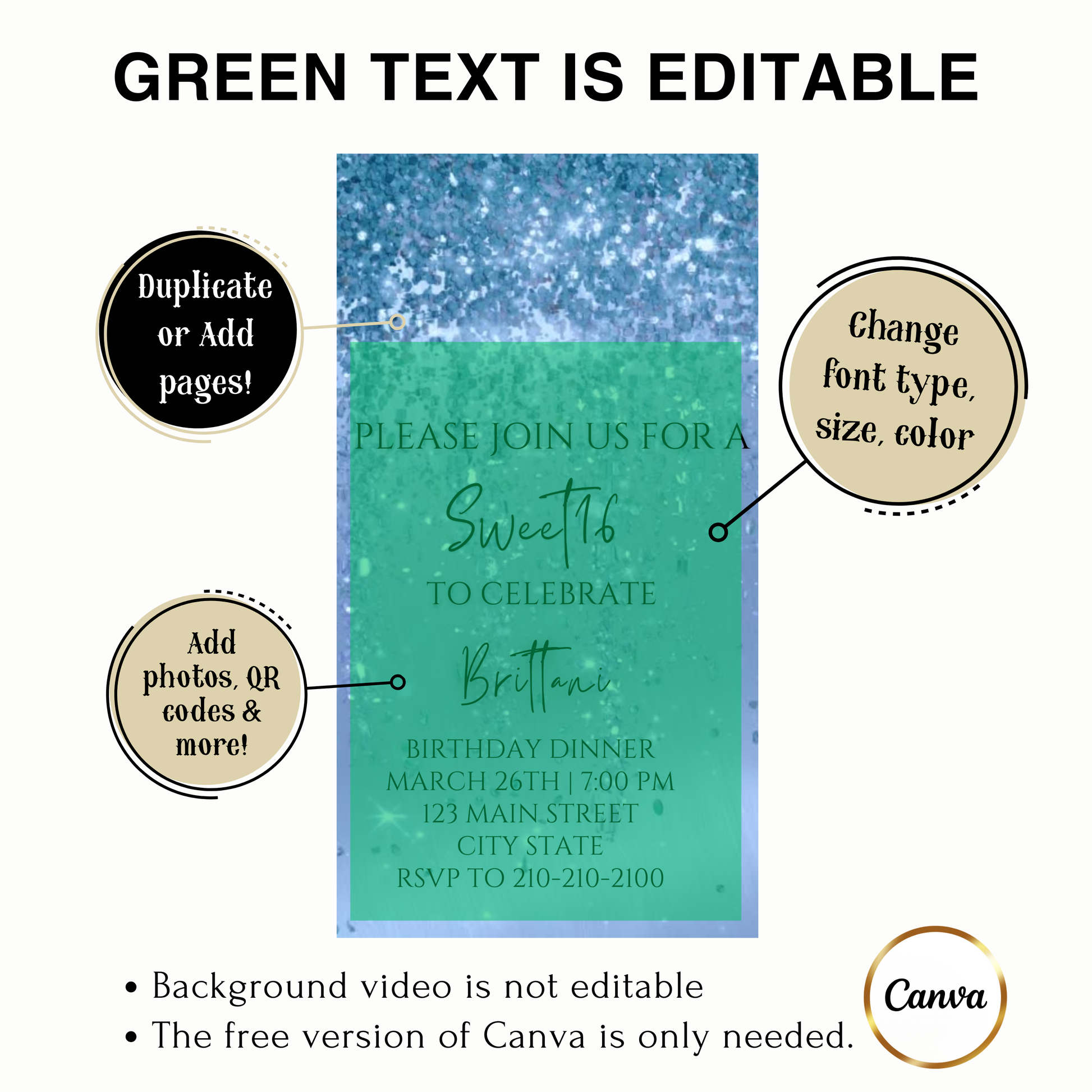 Editable aqua blue watercolor glitter sweet 16 birthday dinner video invitation displayed on a mobile phone, featuring an animated vertical digital invite with music, created in Canva. This premium video invitation template is designed for sharing by text, email, and social media and works with an interactive RSVP website for easy guest response tracking.