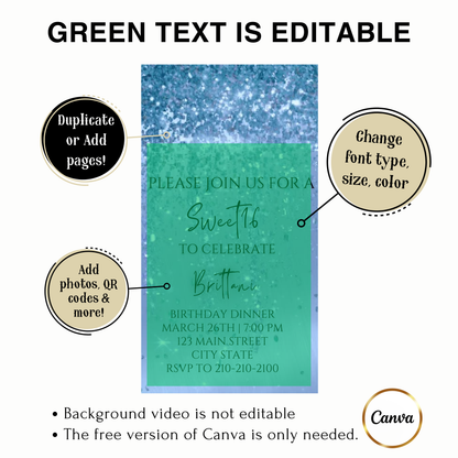 Editable aqua blue watercolor glitter sweet 16 birthday dinner video invitation displayed on a mobile phone, featuring an animated vertical digital invite with music, created in Canva. This premium video invitation template is designed for sharing by text, email, and social media and works with an interactive RSVP website for easy guest response tracking.