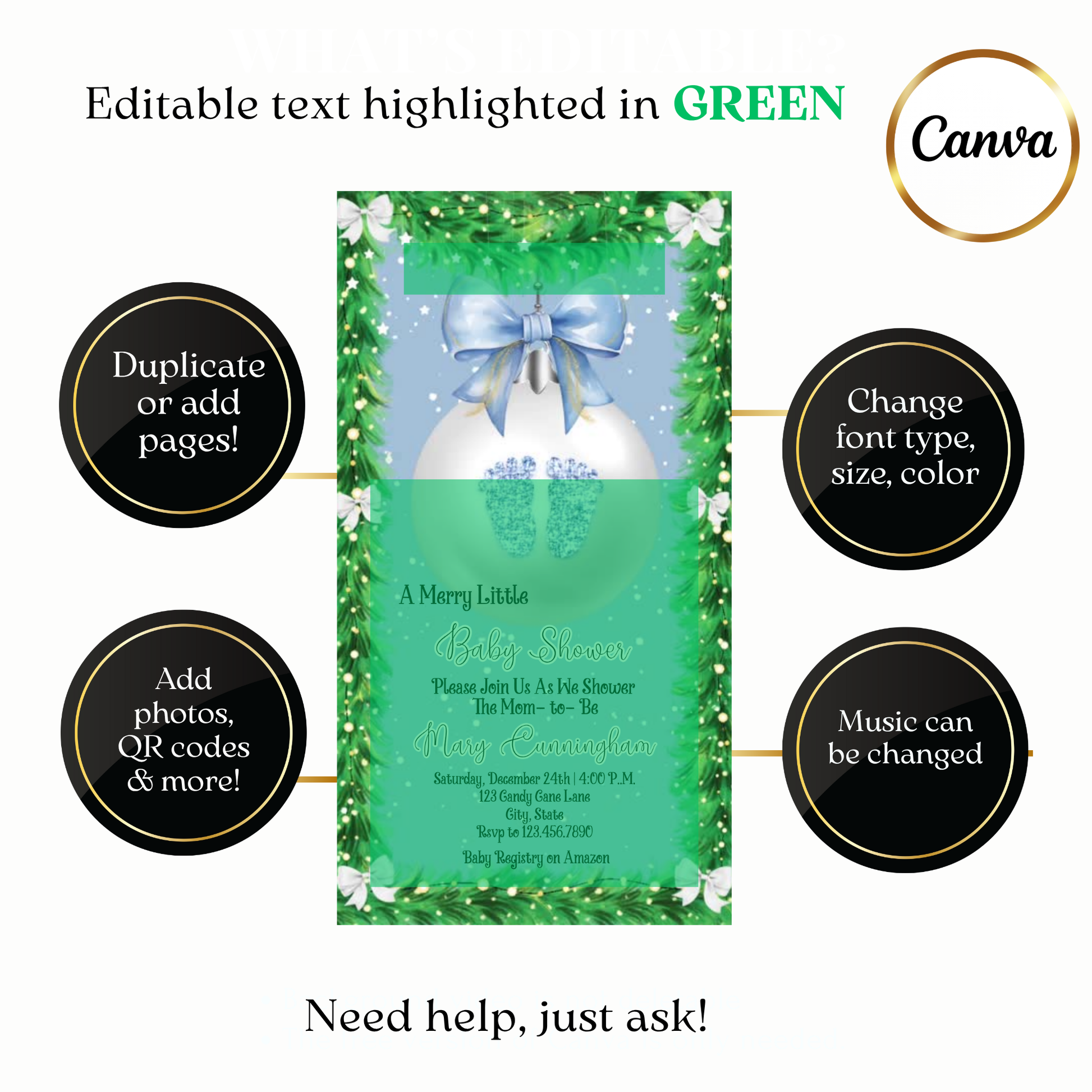 Custom winter ornament baby shower video invite design