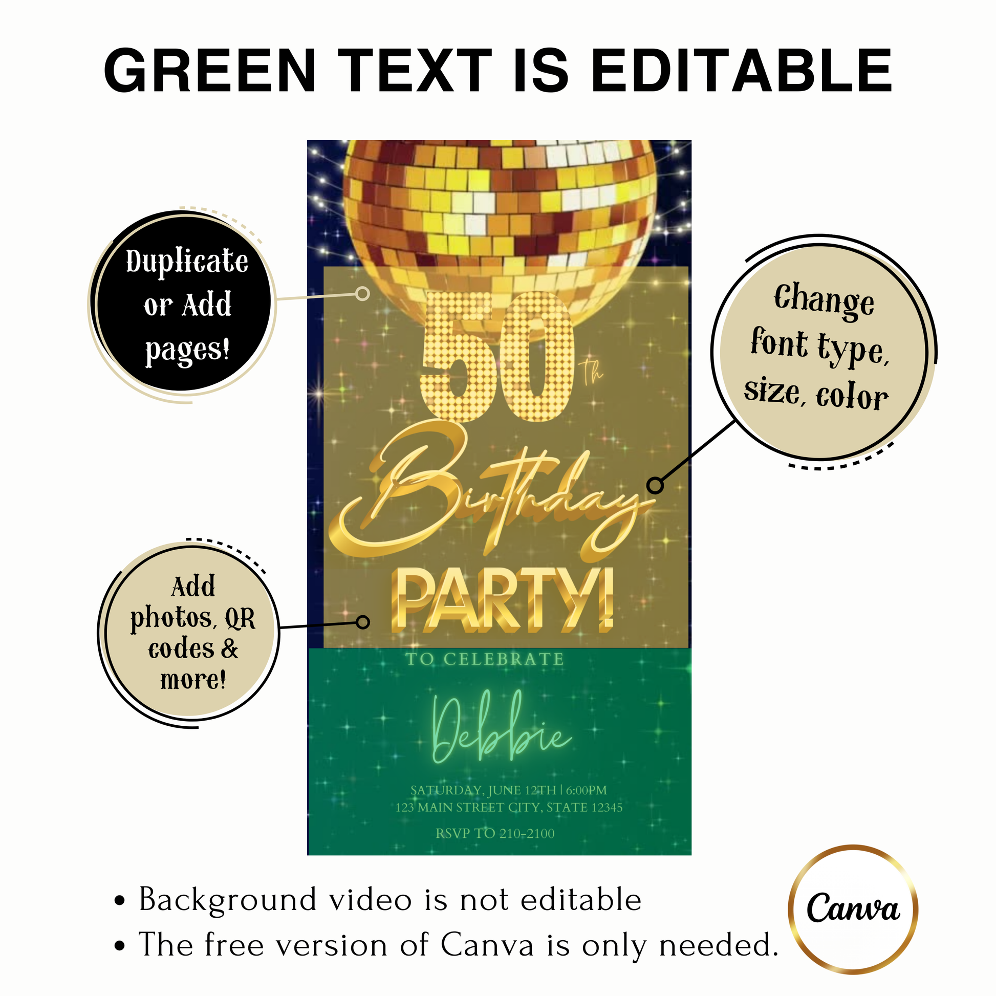 Editable gold bokeh luxury 50th birthday video invitation displayed on a mobile phone, featuring an animated vertical digital invite with music, created in Canva. This premium video invitation template is designed for sharing by text, email, and social media and works with an interactive RSVP website for easy guest response tracking.
