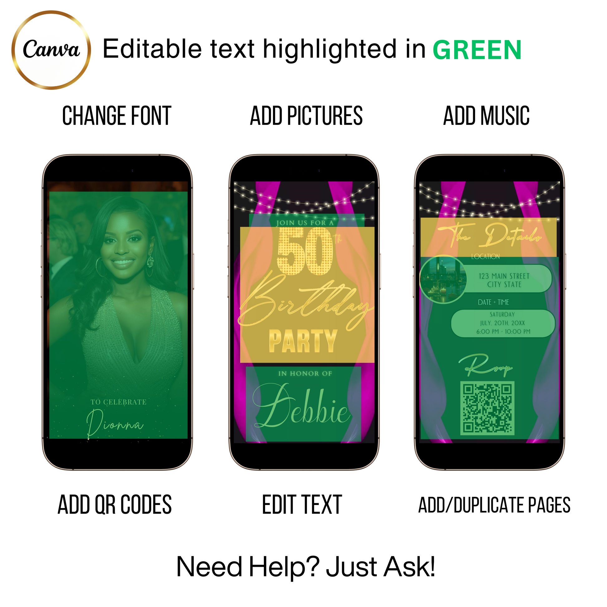 Editable pink curtain 50th birthday video invitation displayed on a mobile phone, featuring an animated vertical digital invite with music, created in Canva. This premium video invitation template is designed for sharing by text, email, and social media and works with an interactive RSVP website for easy guest response tracking.