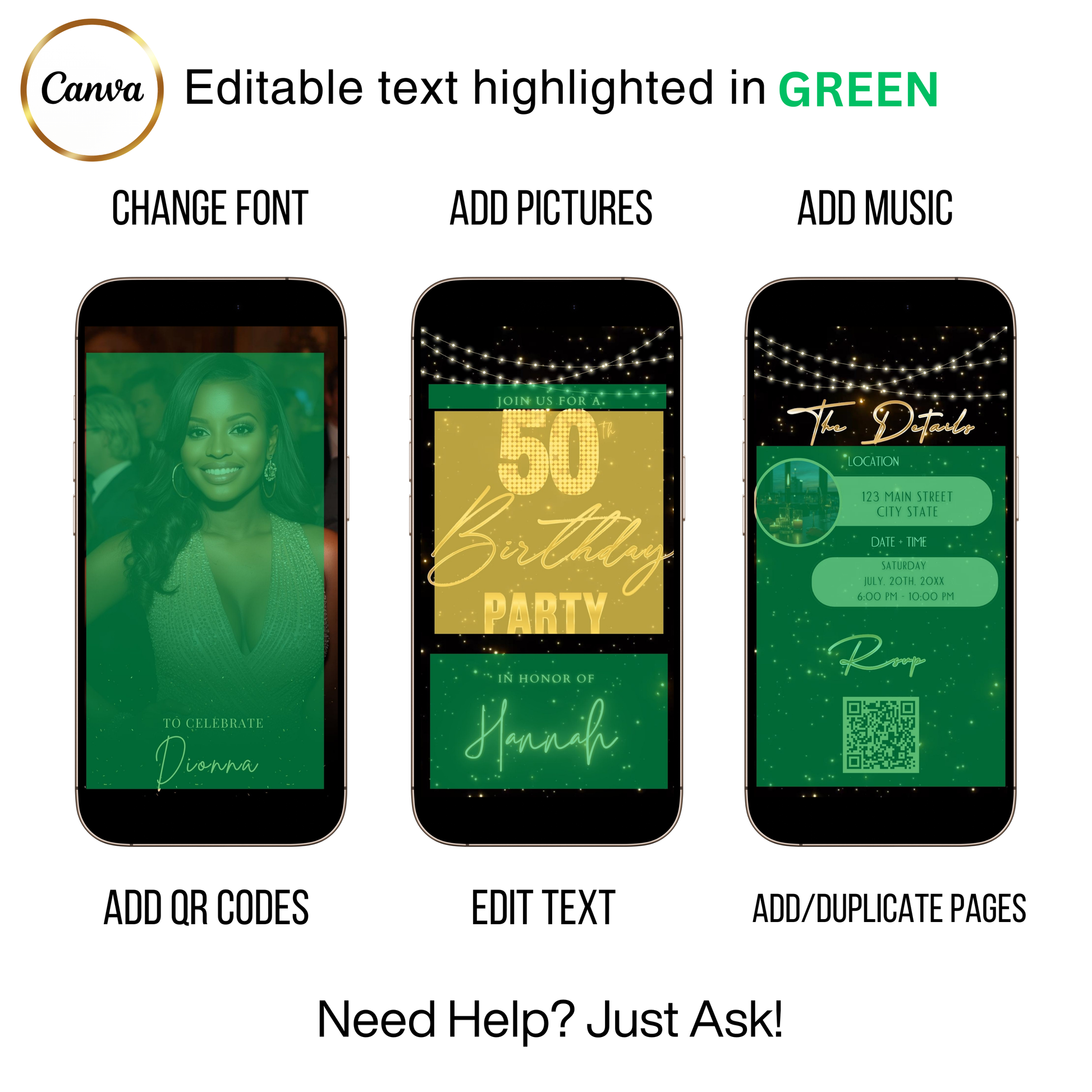 Editable black gold starry 50th birthday video invitation displayed on a mobile phone, featuring an animated vertical digital invite with music, created in Canva. This premium video invitation template is designed for sharing by text, email, and social media and works with an interactive RSVP website for easy guest response tracking.