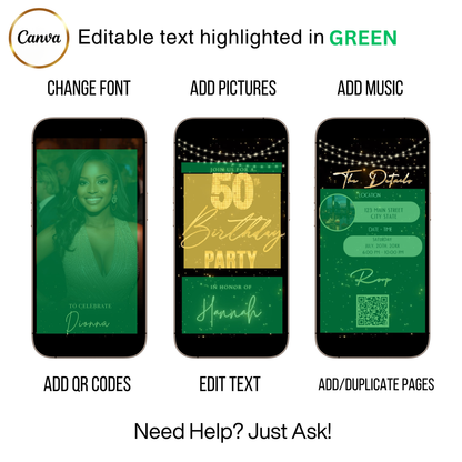 Editable black gold starry 50th birthday video invitation displayed on a mobile phone, featuring an animated vertical digital invite with music, created in Canva. This premium video invitation template is designed for sharing by text, email, and social media and works with an interactive RSVP website for easy guest response tracking.