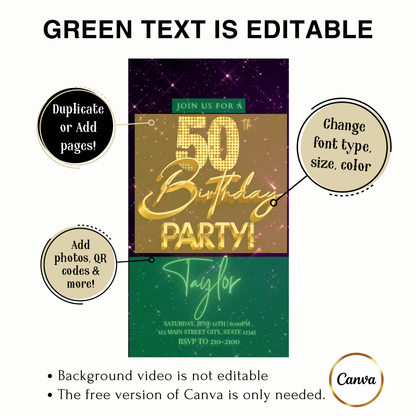 Editable purple gold sparkle 50th birthday video invitation displayed on a mobile phone, featuring an animated vertical digital invite with music, created in Canva. This premium video invitation template is designed for sharing by text, email, and social media and works with an interactive RSVP website for easy guest response tracking.