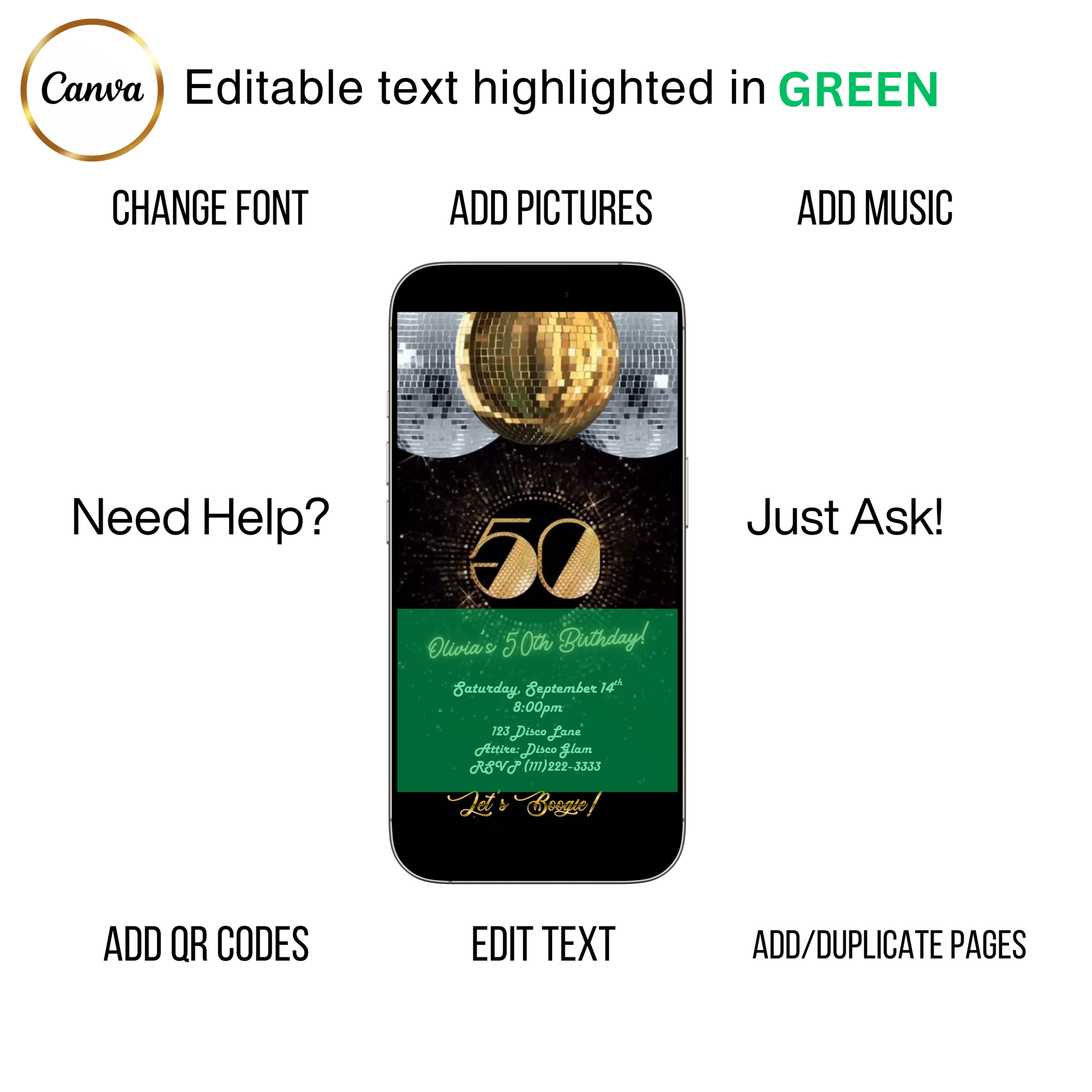 Editable gold disco 50th birthday video invitation displayed on a mobile phone, featuring an animated vertical digital invite with music, created in Canva. This premium video invitation template is designed for sharing by text, email, and social media and works with an interactive RSVP website for easy guest response tracking.