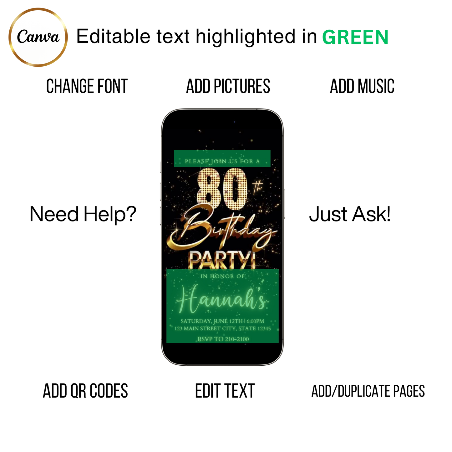 Editable gold fireworks 80th birthday video invitation displayed on a mobile phone, featuring an animated vertical digital invite with music, created in Canva. This premium video invitation template is designed for sharing by text, email, and social media and works with an interactive RSVP website for easy guest response tracking.