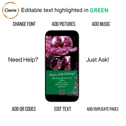 Editable pink disco studio 54th birthday video invitation displayed on a mobile phone, featuring an animated vertical digital invite with music, created in Canva. This premium video invitation template is designed for sharing by text, email, and social media and works with an interactive RSVP website for easy guest response tracking.