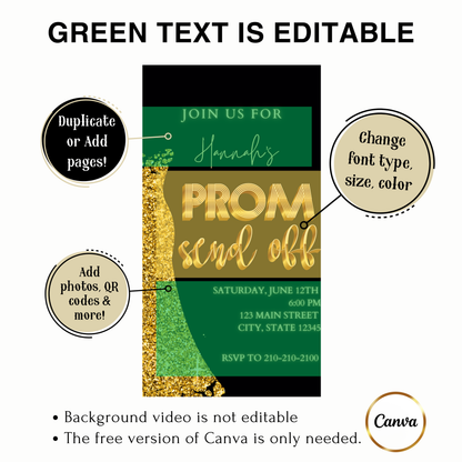 Editable black gold luxury prom send off video invitation displayed on a mobile phone, featuring an animated vertical digital invite with music, created in Canva. This premium video invitation template is designed for sharing by text, email, and social media and works with an interactive RSVP website for easy guest response tracking.