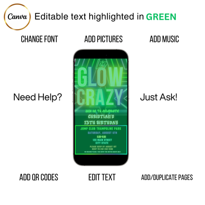 Editable neon glow birthday party video invitation displayed on a mobile phone, featuring an animated vertical digital invite with music, created in Canva. This premium video invitation template is designed for sharing by text, email, and social media and works with an interactive RSVP website for easy guest response tracking.