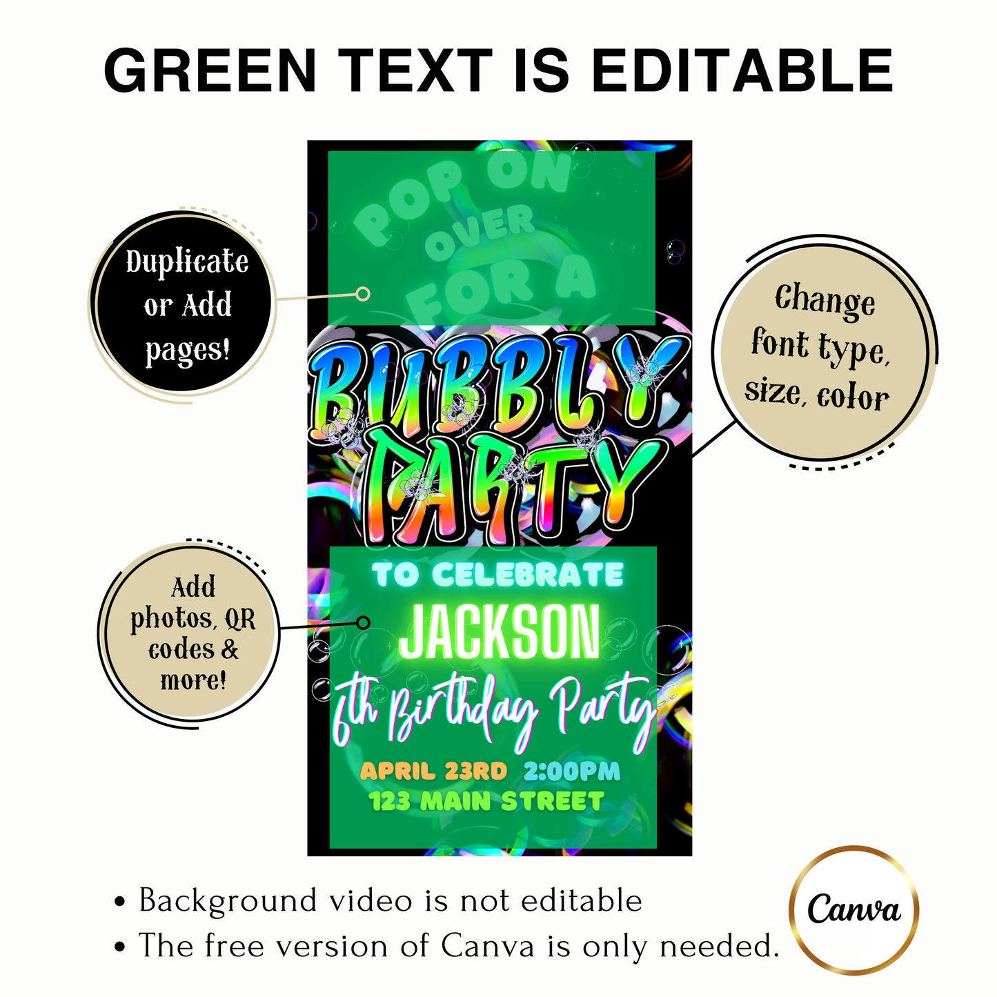 Editable colorful bubble kids birthday party video invitation displayed on a mobile phone, featuring an animated vertical digital invite with music, created in Canva. This premium video invitation template is designed for sharing by text, email, and social media and works with an interactive RSVP website for easy guest response tracking.