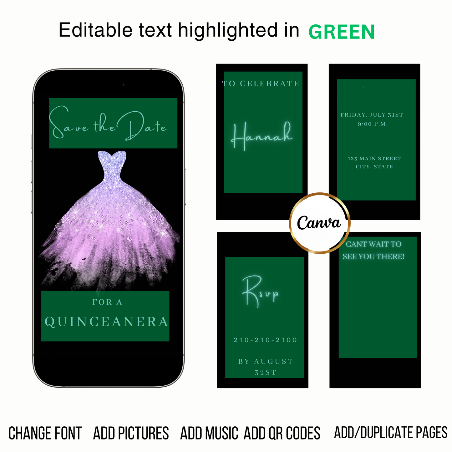 Editable purple glitter dress Quinceañera video invitation displayed on a mobile phone, featuring an animated vertical digital invite with music, created in Canva. This premium video invitation template is designed for sharing by text, email, and social media and works with an interactive RSVP website for easy guest response tracking.