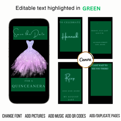 Editable purple glitter dress Quinceañera video invitation displayed on a mobile phone, featuring an animated vertical digital invite with music, created in Canva. This premium video invitation template is designed for sharing by text, email, and social media and works with an interactive RSVP website for easy guest response tracking.