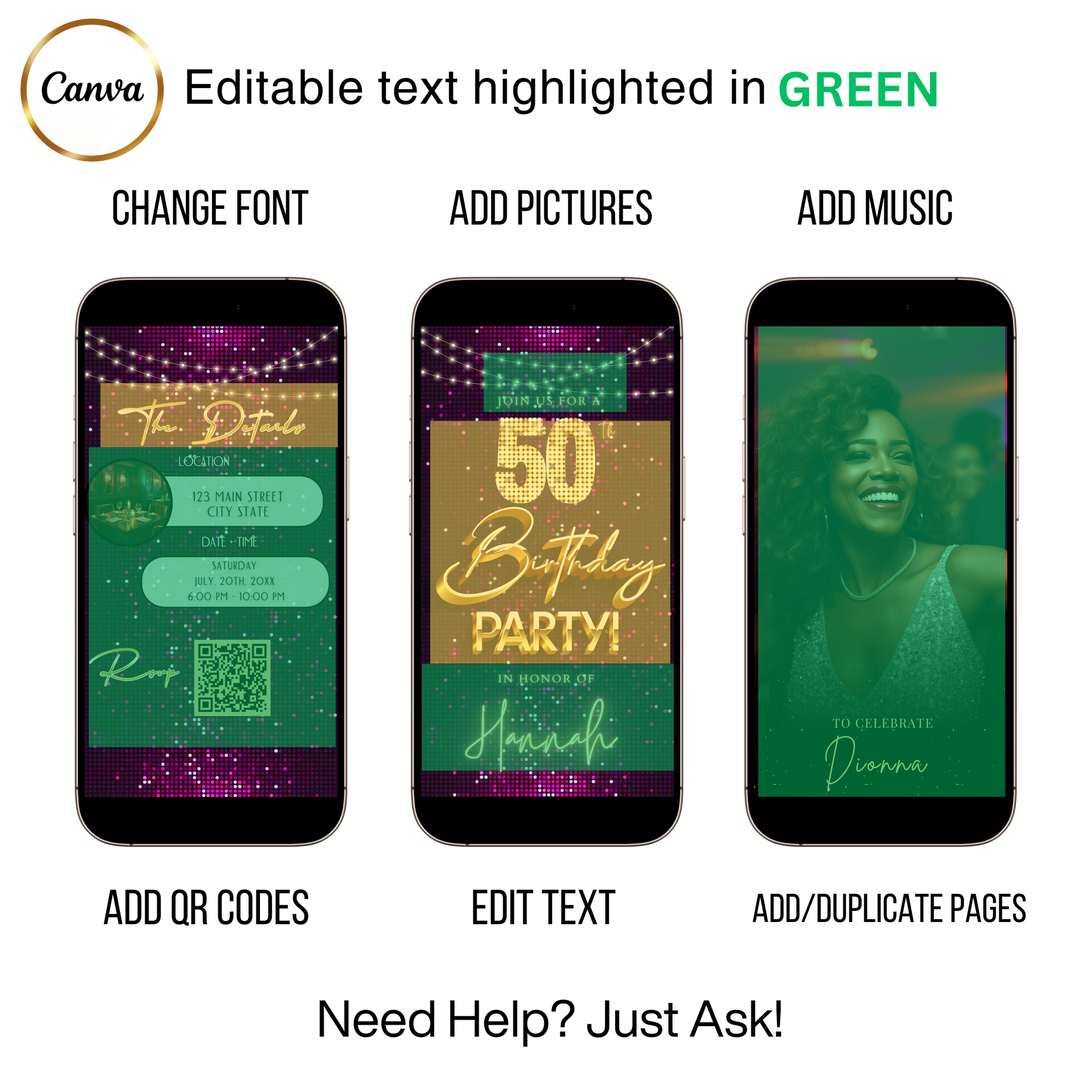 Editable purple pink glitter 50th birthday video invitation displayed on a mobile phone, featuring an animated vertical digital invite with music, created in Canva. This premium video invitation template is designed for sharing by text, email, and social media and works with an interactive RSVP website for easy guest response tracking.