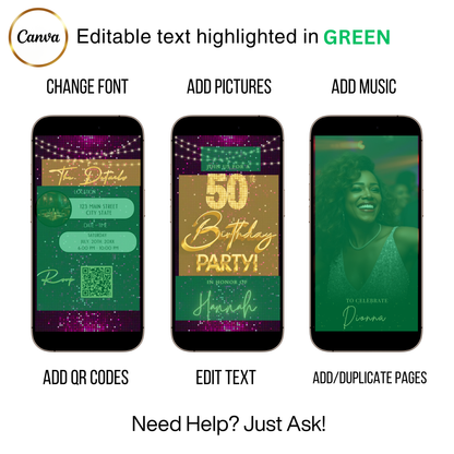 Editable purple pink glitter 50th birthday video invitation displayed on a mobile phone, featuring an animated vertical digital invite with music, created in Canva. This premium video invitation template is designed for sharing by text, email, and social media and works with an interactive RSVP website for easy guest response tracking.