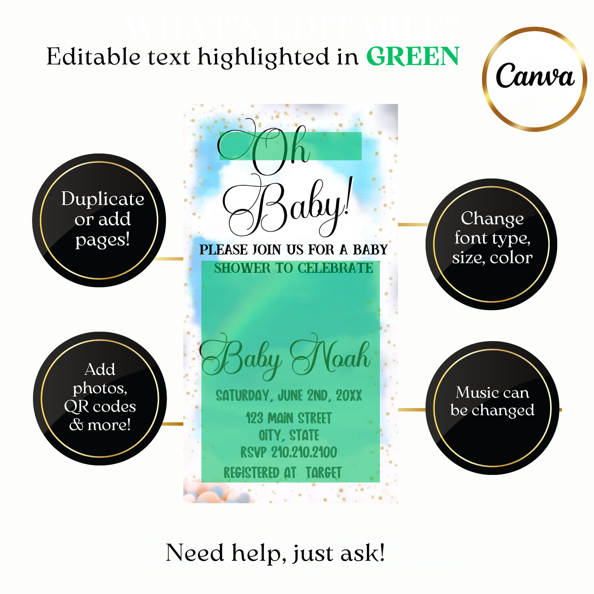 Custom watercolor baby shower digital video invite design