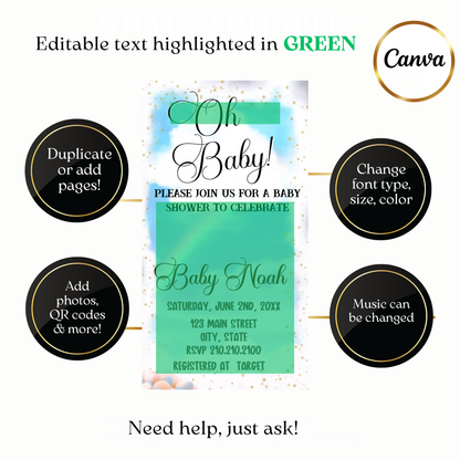 Custom watercolor baby shower digital video invite design