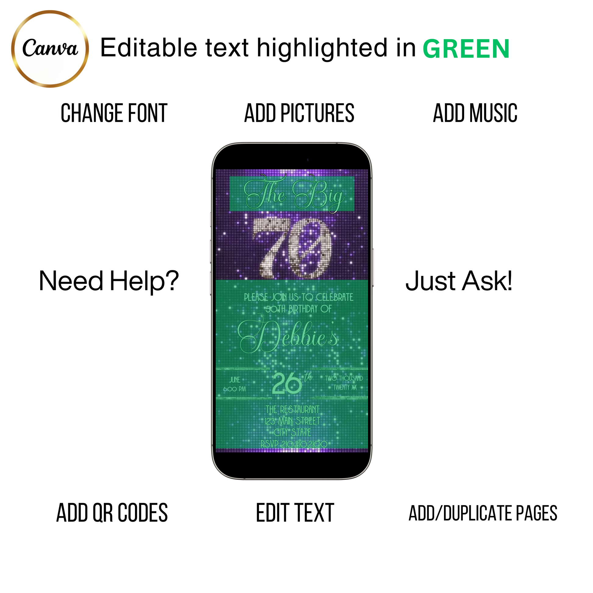 Editable purple sequin 70th birthday video invitation displayed on a mobile phone, featuring an animated vertical digital invite with music, created in Canva. This premium video invitation template is designed for sharing by text, email, and social media and works with an interactive RSVP website for easy guest response tracking.