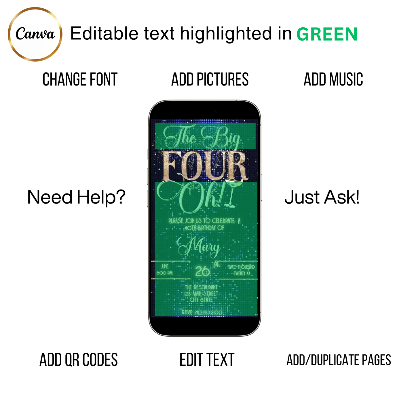 Editable blue gold 40th birthday video invitation displayed on a mobile phone, featuring an animated vertical digital invite with music, created in Canva. This premium video invitation template is designed for sharing by text, email, and social media and works with an interactive RSVP website for easy guest response tracking.