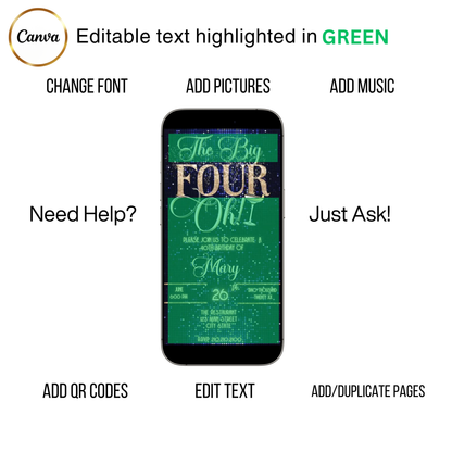 Editable blue gold 40th birthday video invitation displayed on a mobile phone, featuring an animated vertical digital invite with music, created in Canva. This premium video invitation template is designed for sharing by text, email, and social media and works with an interactive RSVP website for easy guest response tracking.